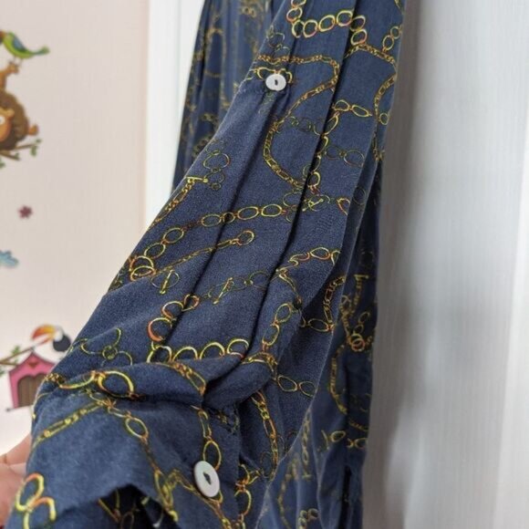 GRAND & GREENE chain print Navy blouse button down shirt adjustable sleeves L @P - Picture 8 of 14